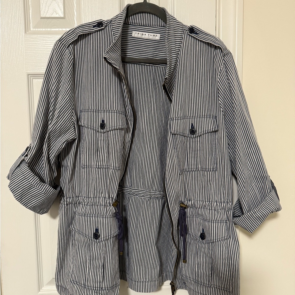 Trina Turk Navy and White Striped Utility Jacket